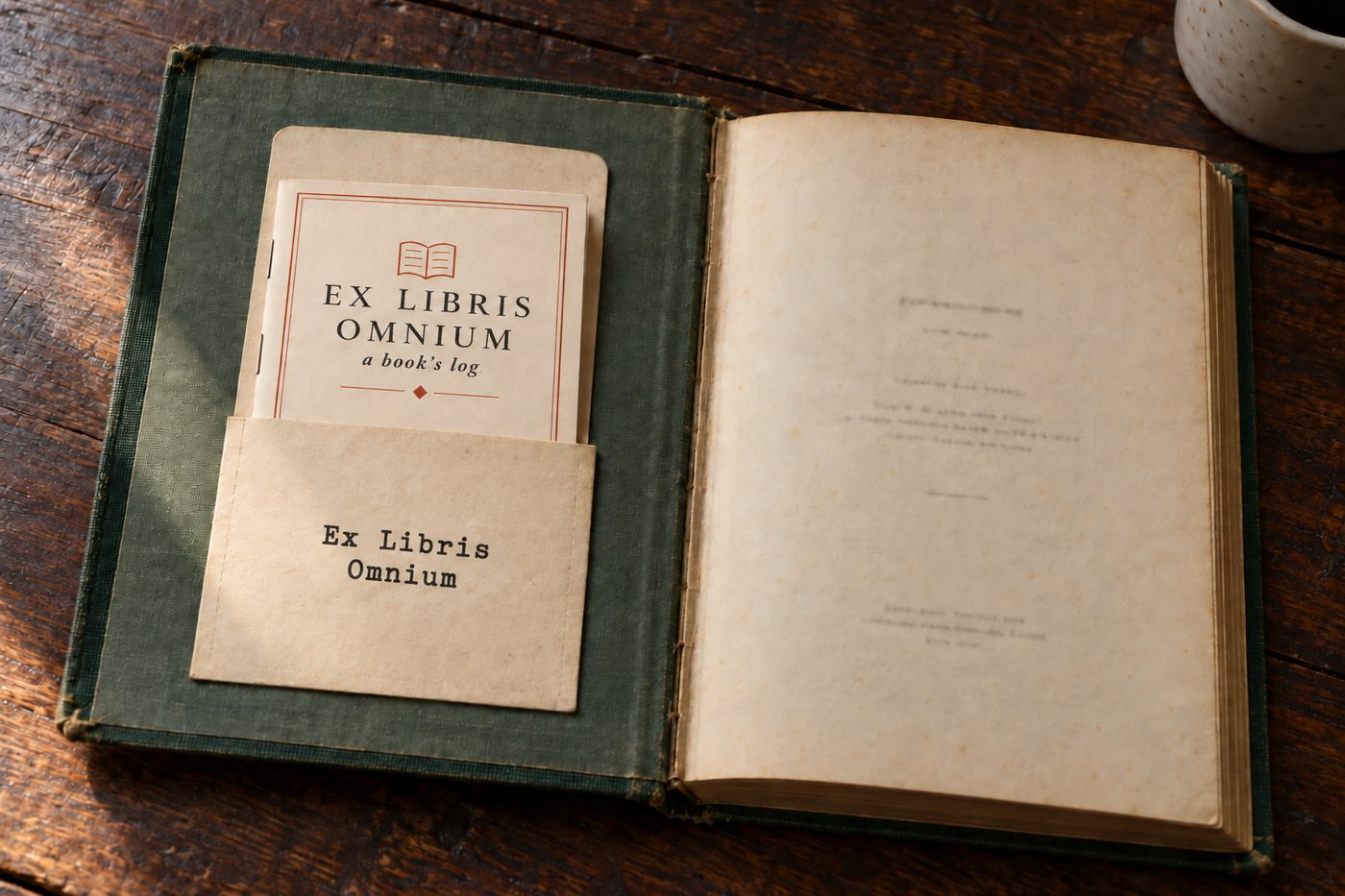 A small cream booklet titled Ex Libris Omnium, seated in a library-style pocket inside the front cover of an old green clothbound book.
