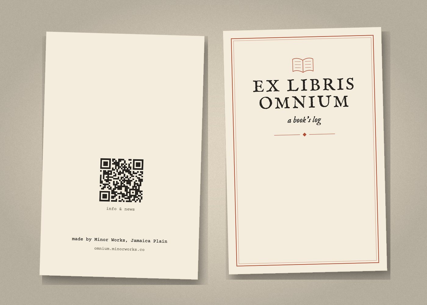 The back and front covers of the booklet side by side: the front titled Ex Libris Omnium, a book's log, with a book icon; the back with a small QR code and credit line.