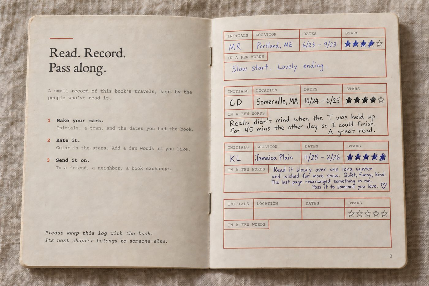 The open booklet: instructions on the left, and a page of log entries on the right with three readers' handwritten initials, towns, dates, star ratings and notes.