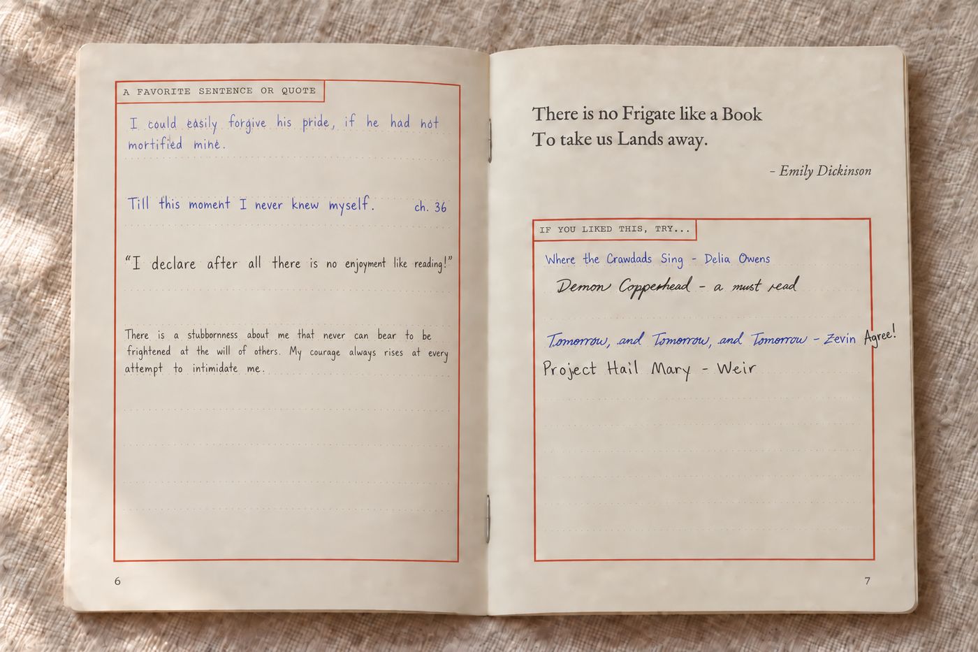 Two inside pages: a page for a favorite sentence or quote from the book, filled in by hand, and a page of recommended titles beneath a line of Emily Dickinson.
