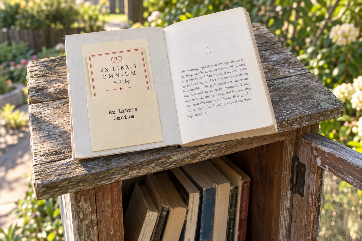 A log tucked inside a book resting on a weathered neighborhood book-exchange box in a garden.