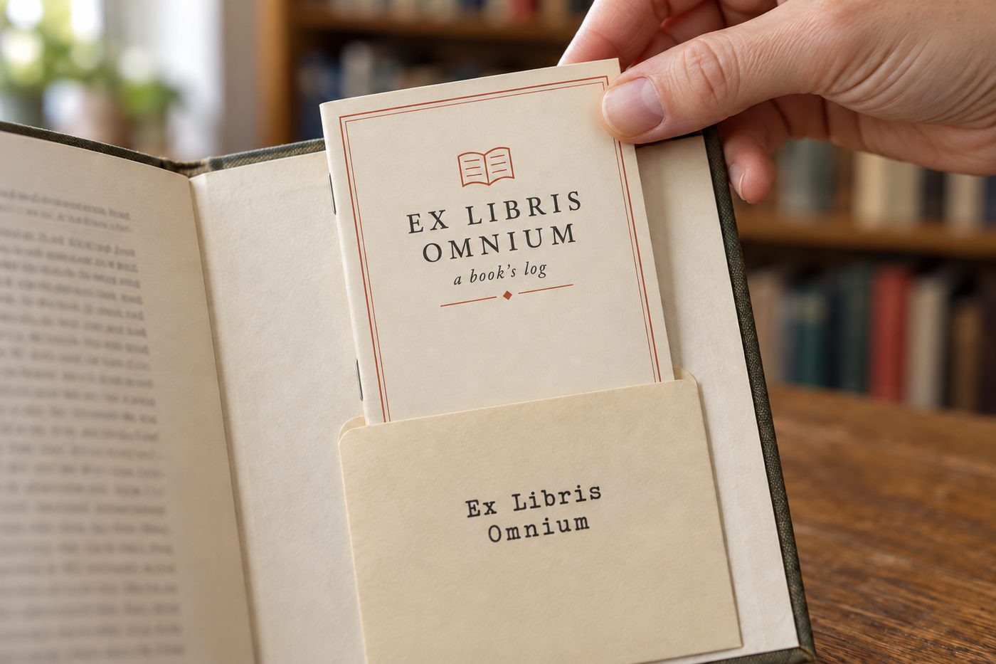 A hand sliding the booklet up out of its pocket inside a book's cover.